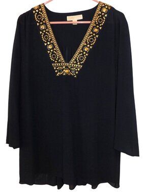 Michael Kors Women’s XL Navy Blue Gold Embellished V-Neck Tunic Top Boho Chic